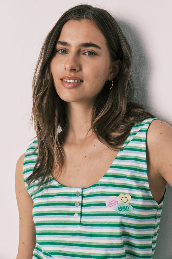 Women'secret Pijama corta de tirantes de algod&oacute;n SmileyWorld&reg; de rayas verde estampado