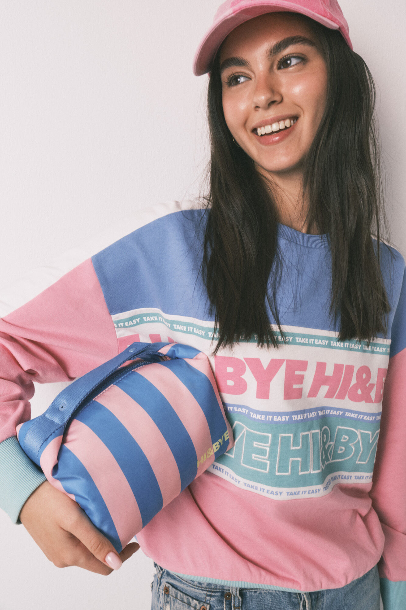 HI&BYE Neceser mediano estampado de rayas azul