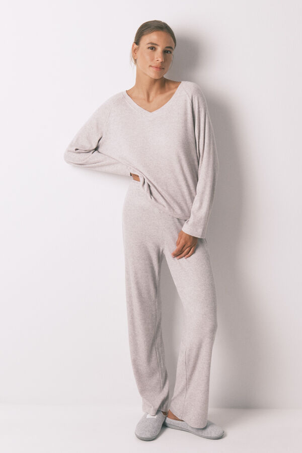 Women'secret Pijama larga canalé perchado gris gris