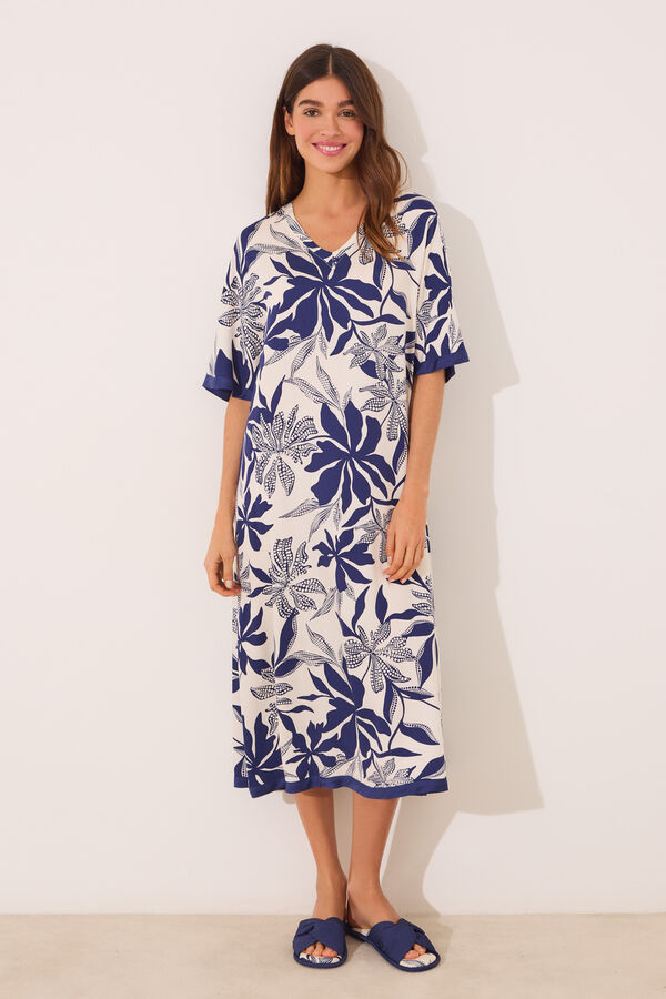 Womensecret Vestido largo de satén con estampado floral azul