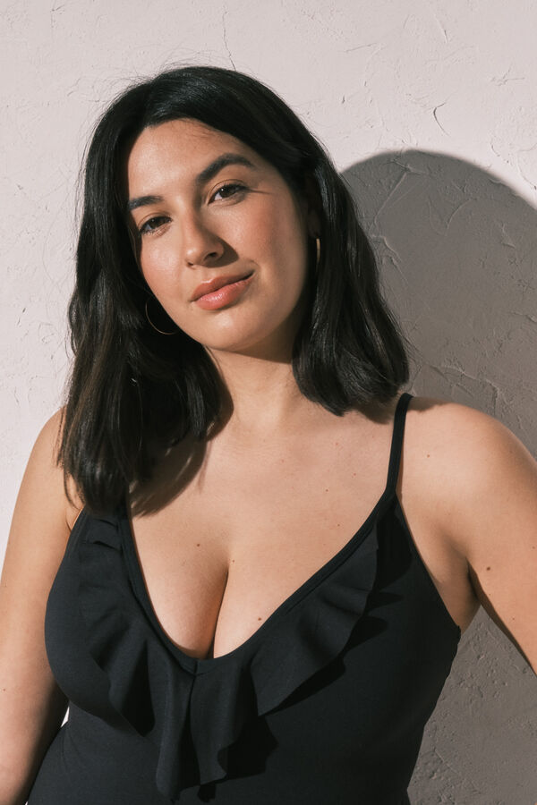 Women'secret Traje de ba&ntilde;o modelador con volantes negro negro