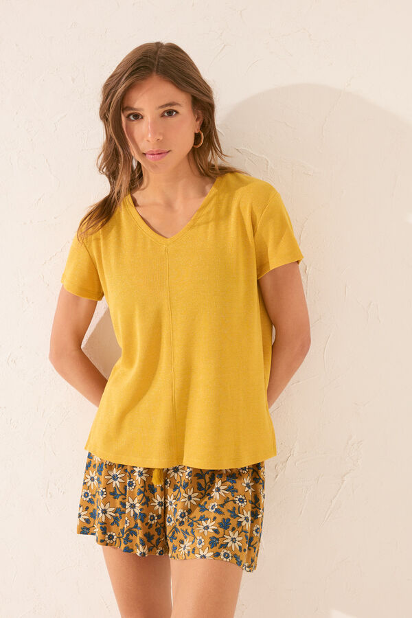 Womensecret Playera de manga corta acanalada con lurex dorado amarillo