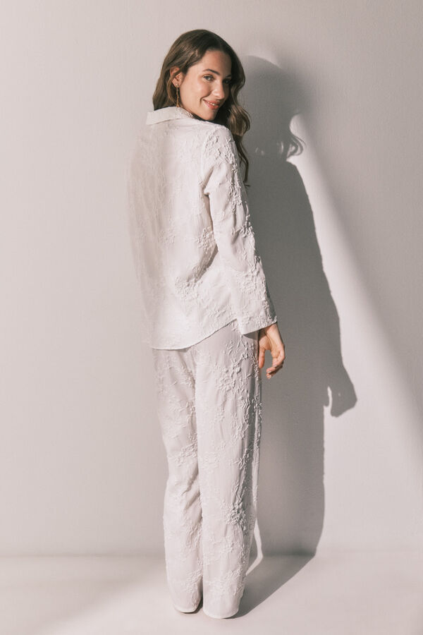 Women'secret Pijama larga camisero sat&eacute;n blanco marfil