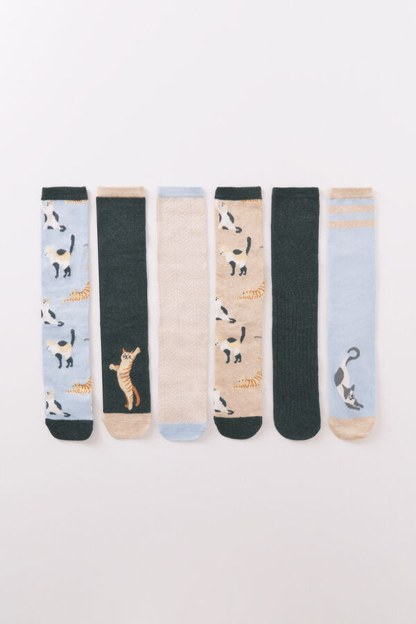 Women'secret Pack de 6 calcetines largos de algodón con gatos   azul