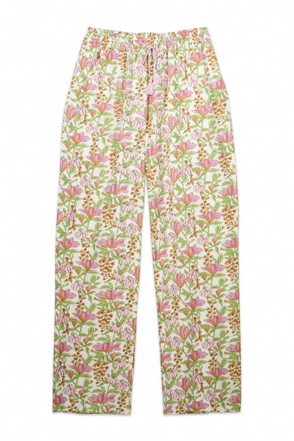 Womensecret Pantalón largo de salón 100% algodón flores blanco