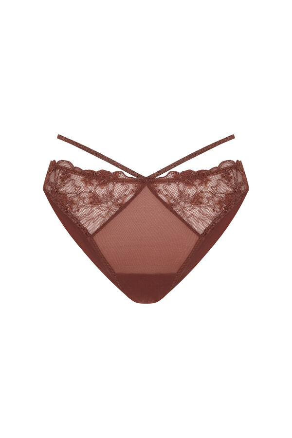 Women'secret Panty brasileño de encaje de lurex marrón café