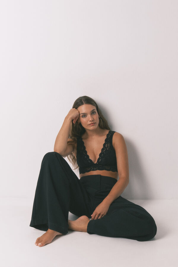 Women'secret Brasier bralette de encaje negro con encaje cuello halter negro