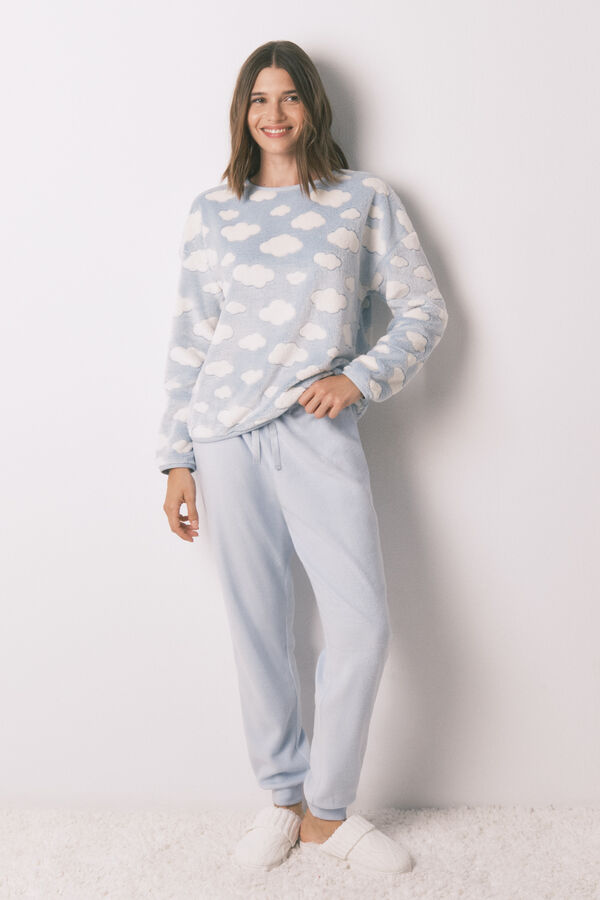 Women'secret Pijama larga polar mousse nubes azul