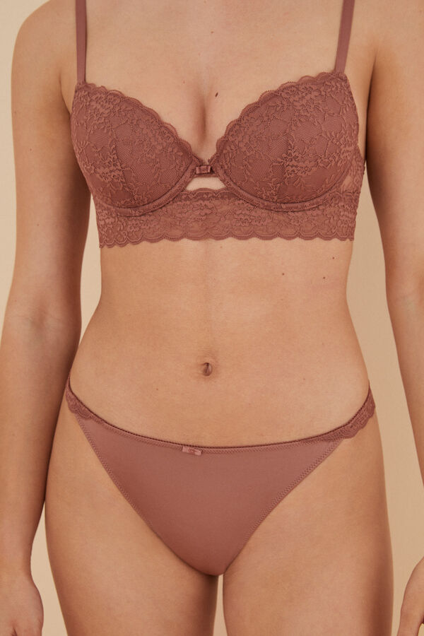 Womensecret Tanga microfibra encaje café coral