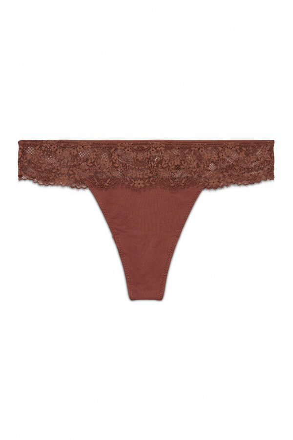 Women'secret Tanga de cintura de encaje marrón café