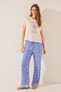 Womensecret Pantalón largo de viscosa con estampado azul estampado