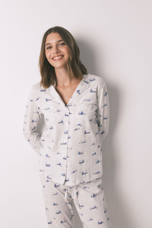 Women'secret Pijama camisera gris 100% algodón con estampado de casas gris
