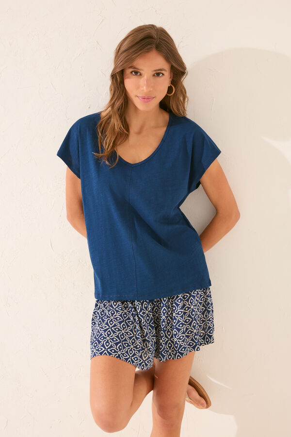 Womensecret Playera de manga corta con purpurina azul azul