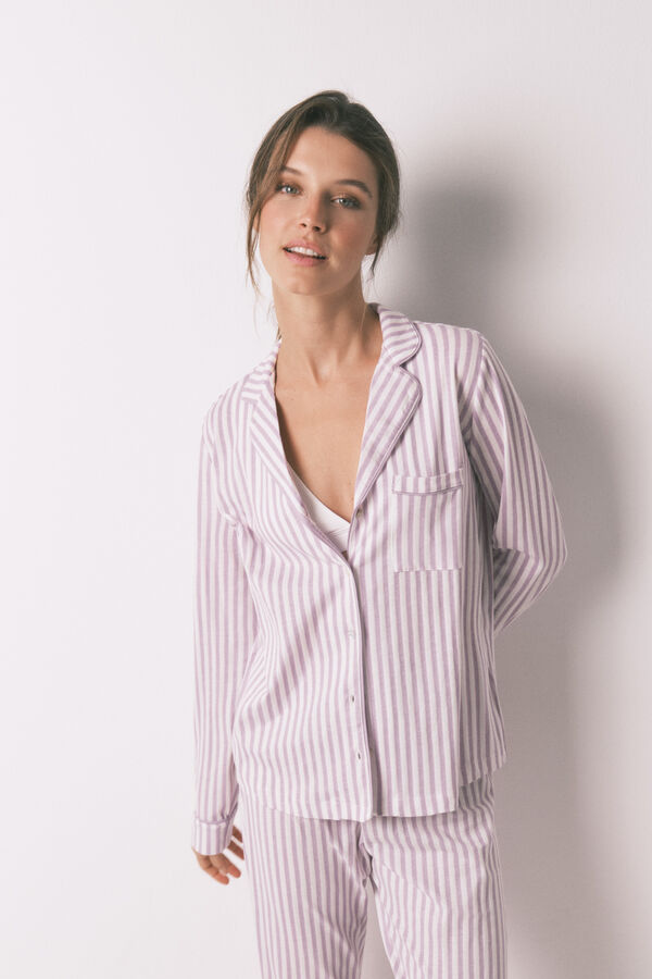 Women'secret Pijama camisera 100% algodón con rayas lilas morado/lila