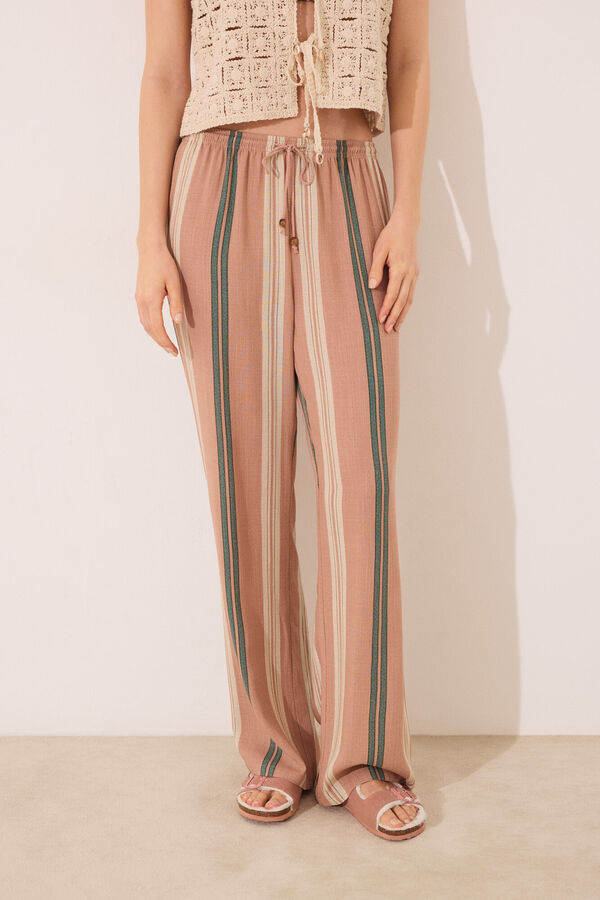 Womensecret Pantalón de viscosa con estampado de rayas marrones café