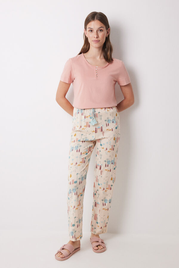 Womensecret Pantalón largo 100% algodón marfil estampado