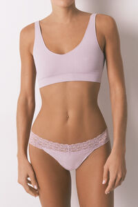 Women'secret Tanga lisa de algod&oacute;n y encaje rosa