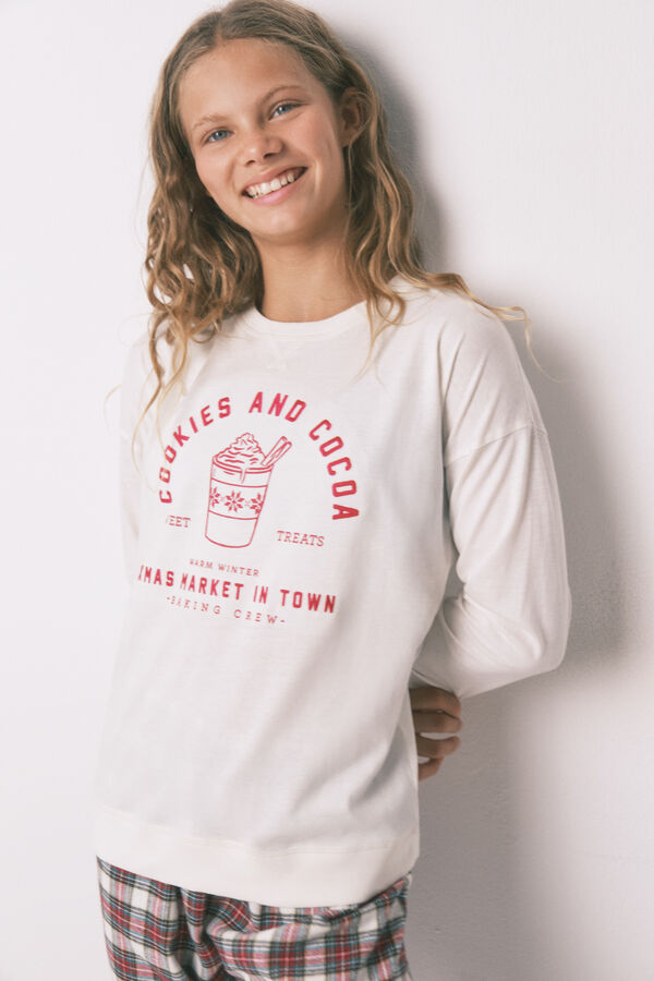 Women'secret Pijama infantil larga 100% algod&oacute;n cuadros marfil