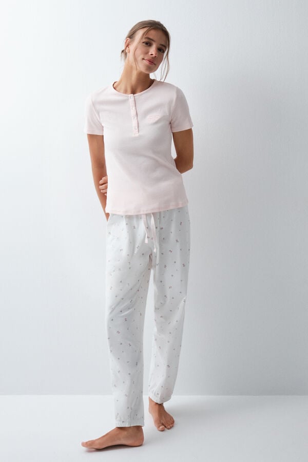Women'secret Pijama larga de manga corta de algod&oacute;n con estampado floral rosa claro rosa