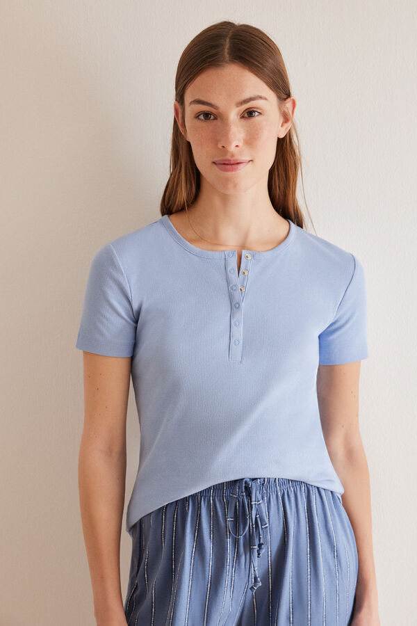 Womensecret Camiseta azul con cuello redondo 100% algodón manga corta azul