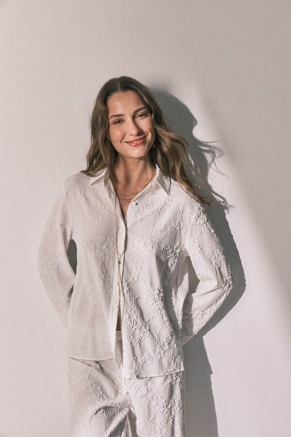 Women'secret Pijama larga camisero sat&eacute;n blanco marfil