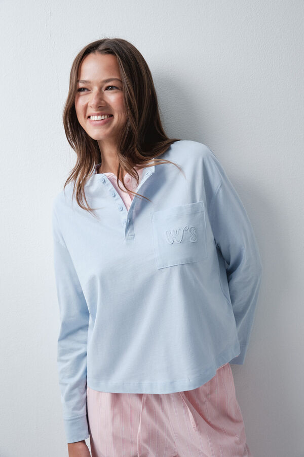 Women'secret Playera de algod&oacute;n con bolsillo azul azul