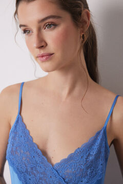Womensecret Camisón corto satén y encaje azul estampado