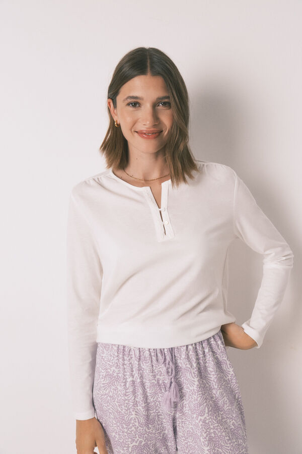 Women'secret Playera blanca de manga larga 100% algodón marfil