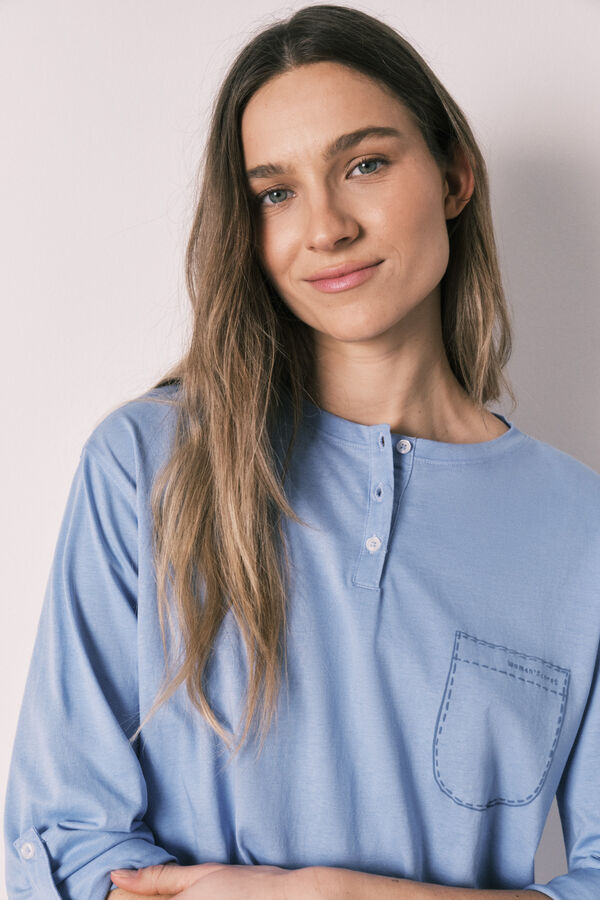 Women'secret Pijama larga con pantal&oacute;n a rayas de algod&oacute;n azul azul