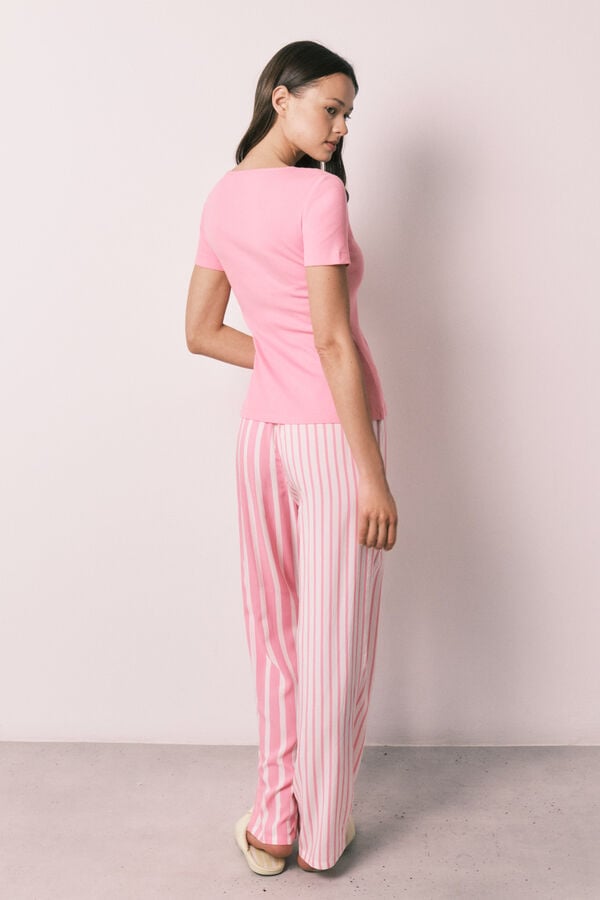 Women'secret Pijama larga de manga corta de algod&oacute;n y viscosa rosa rosa