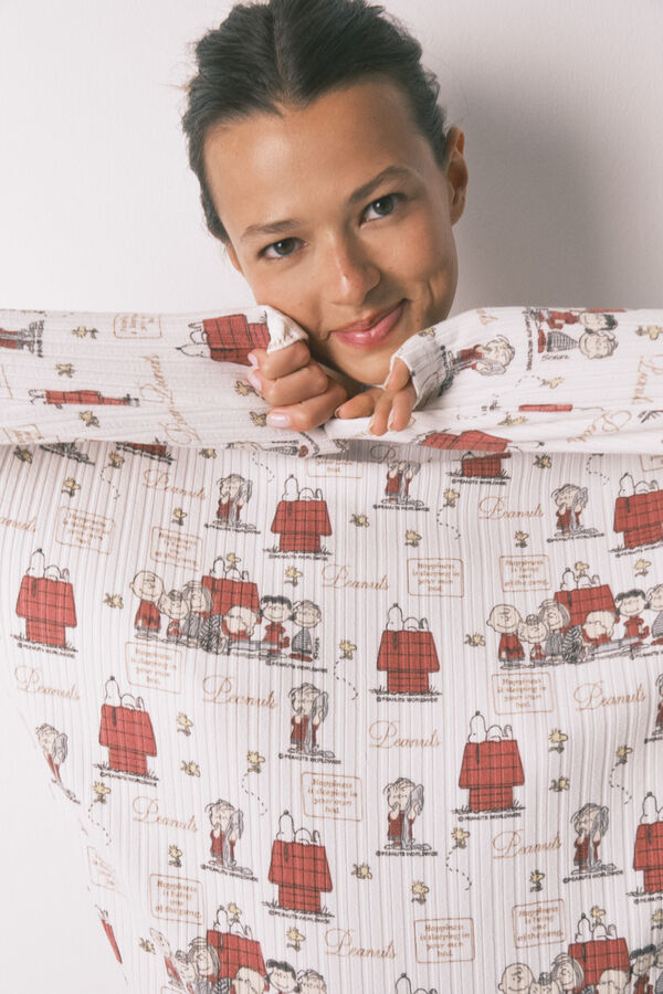 Women'secret Pijama larga canalé suave blanco Snoopy marfil
