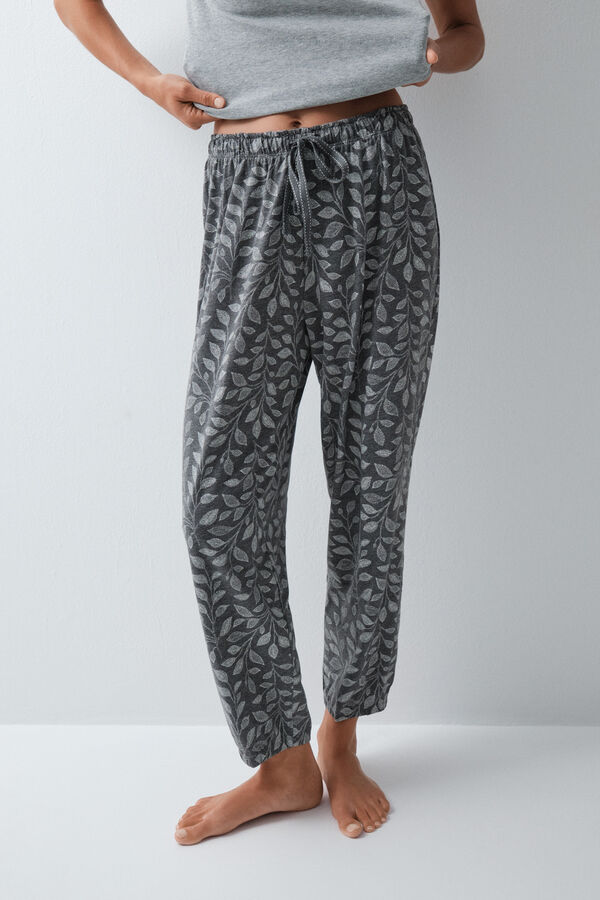 Women'secret Pantal&oacute;n largo bombacho de algod&oacute;n gris estampado