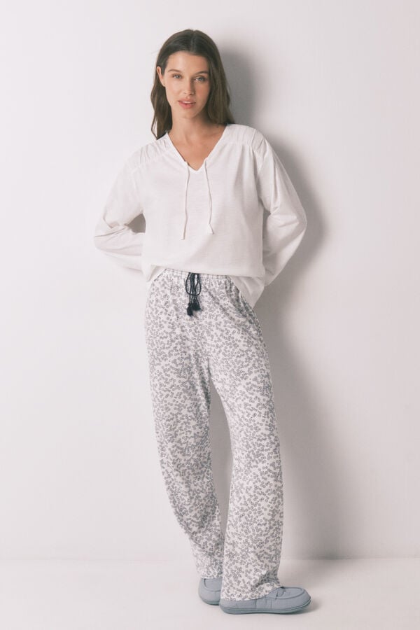 Women'secret Playera manga larga fruncida de algod&oacute;n blanca marfil