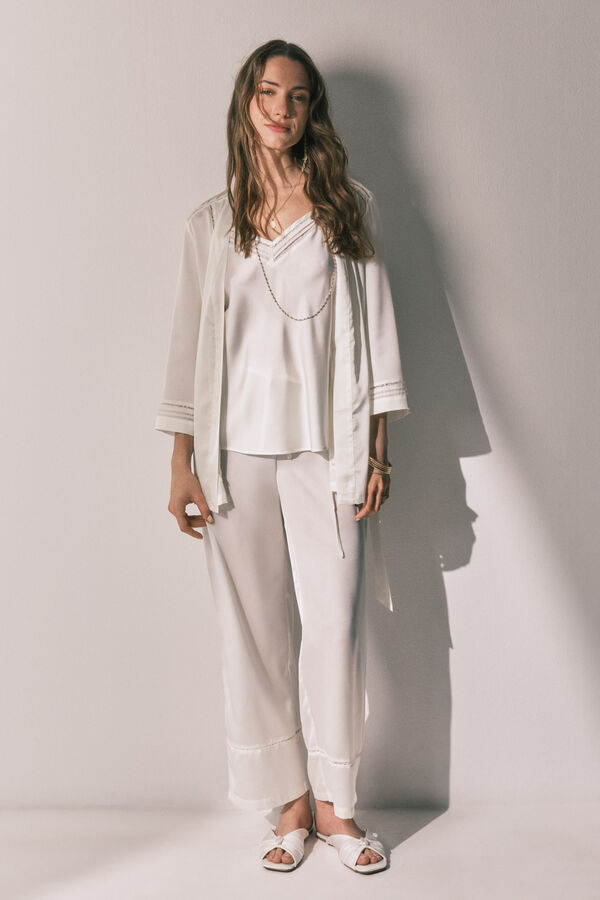 Women'secret Set Pijama larga y bata sat&eacute;n blanco marfil