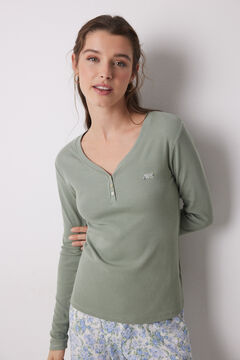 Womensecret Pijama larga 100% algodón canalé verde flores kaki