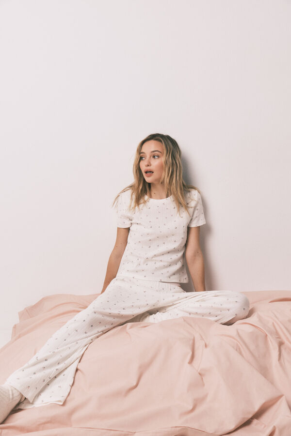 HI&BYE Pijama larga de algod&oacute;n blanca con estampado de miniflores blanco