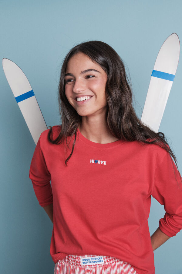 HI&BYE Pijama larga 100% algodón pijama rayas rojas  rojo