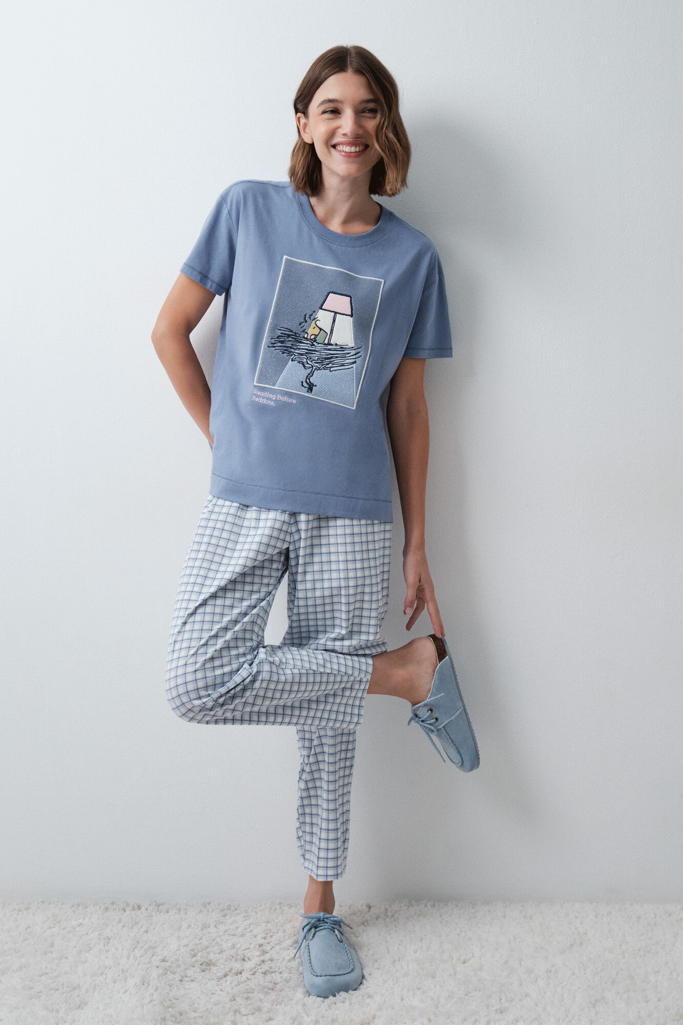 Women'secret Pijama de algod&oacute;n a cuadros Snoopy manga corta