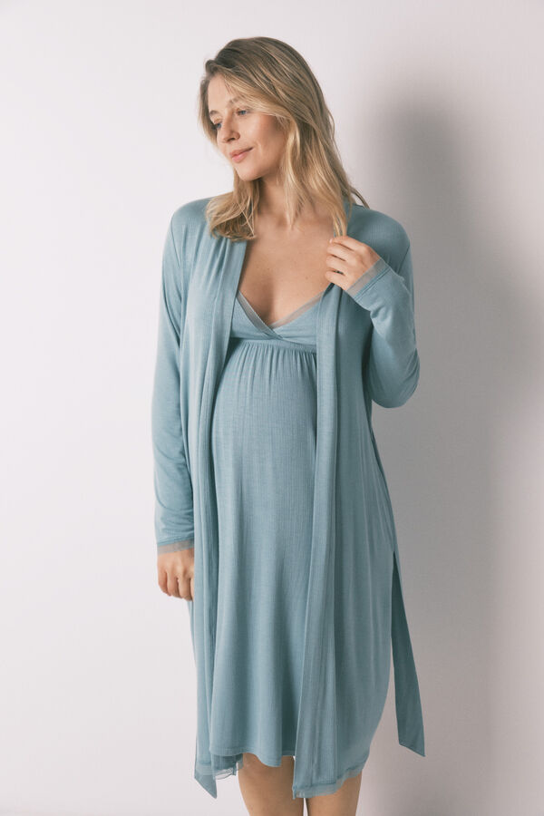 Women'secret Bata larga maternity con cintur&oacute;n acanalado verde verde