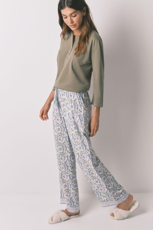 Women'secret Pantalón largo de viscosa con estampado de flores verde