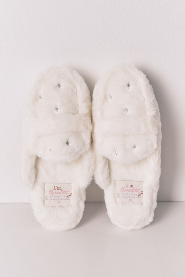 Women'secret Pantuflas para casa mocasín con pelo marfil