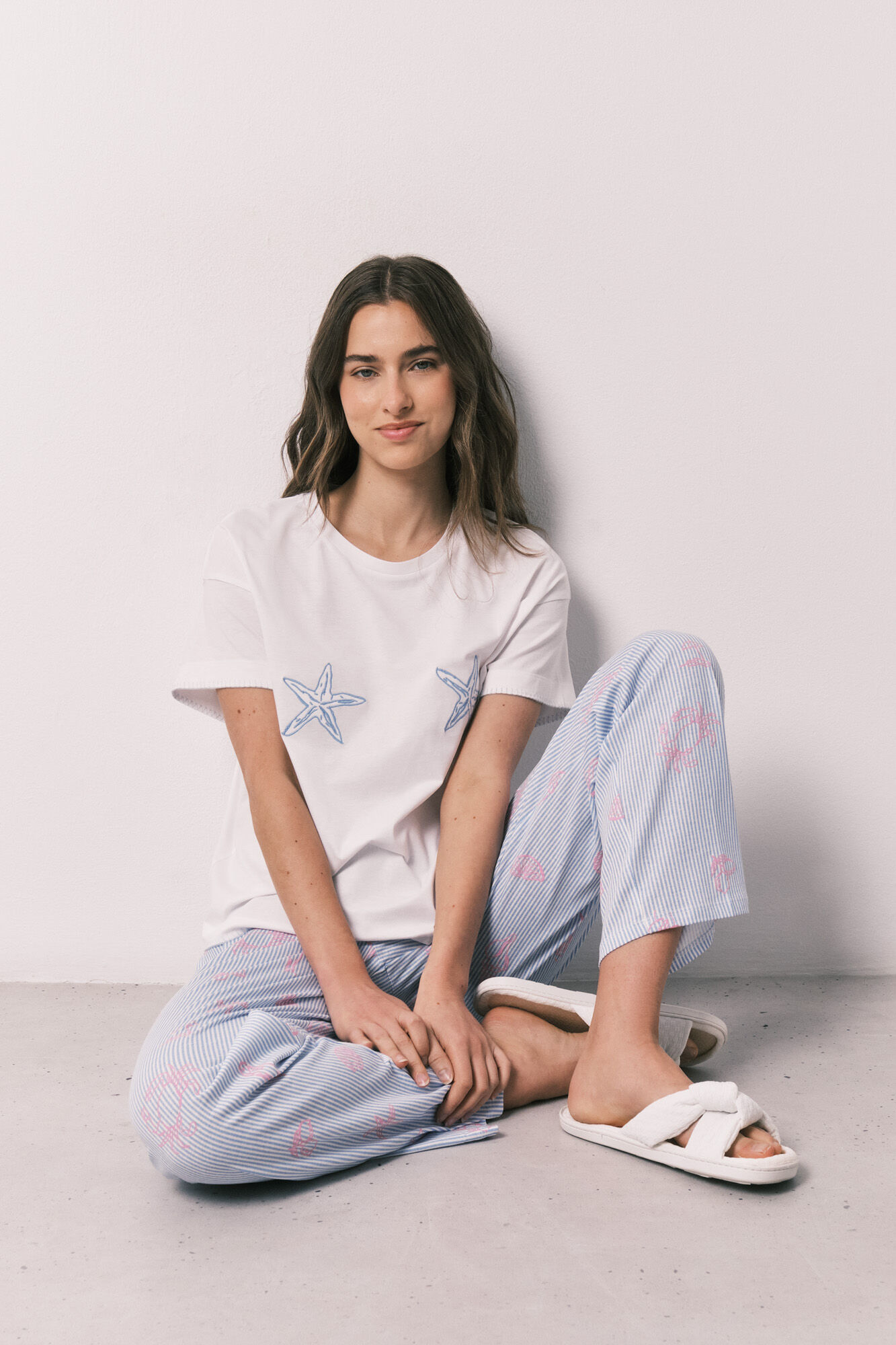 Women'secret Pijama larga de manga corta de algod&oacute;n con estrellas de mar