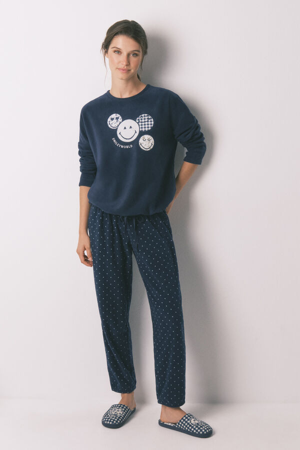 Womensecret Pijama larga de forro polar azul marino SmileyWorld® azul