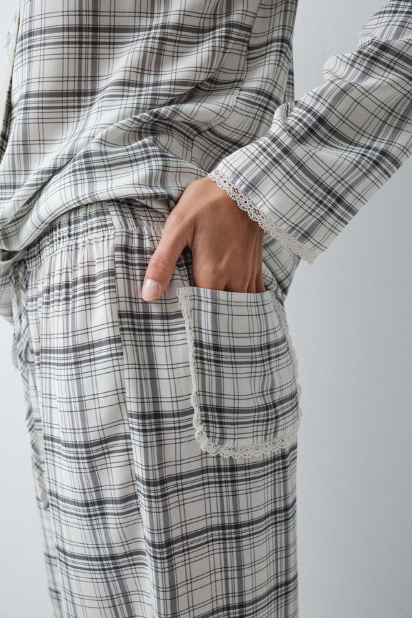 Women'secret Pijama larga camisera a cuadros con detalle de encaje blanco