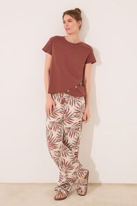 Womensecret Pantalón de viscosa con estampado de hojas marrones verde