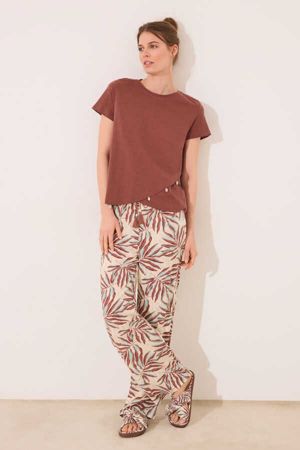 Womensecret Pantalón de viscosa con estampado de hojas marrones verde
