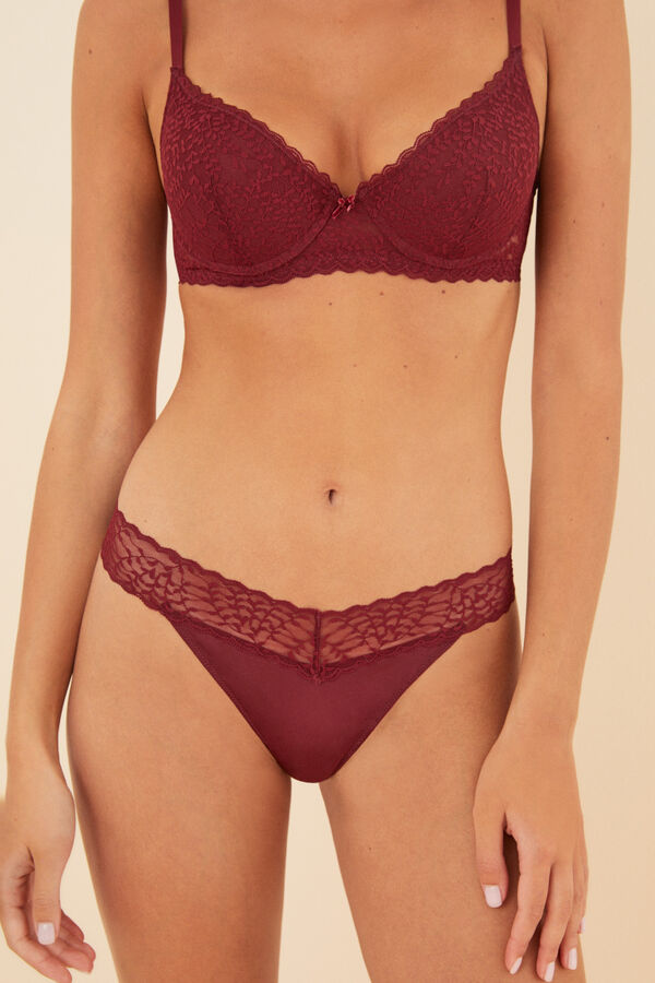 Womensecret Tanga encaje microfibra carmín púrpura
