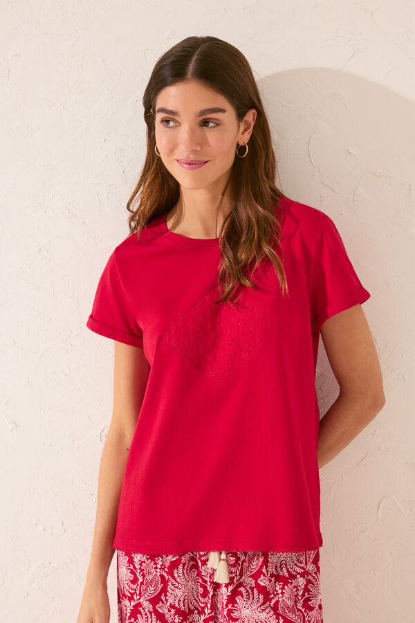 Womensecret Playera de manga corta 100% algodón con bordado rojo rojo