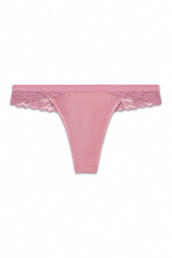 Women'secret Tanga de encaje rosa y terciopelo rosa