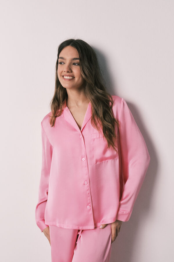 Women'secret Pijama camisera larga de sat&eacute;n rosa rosa